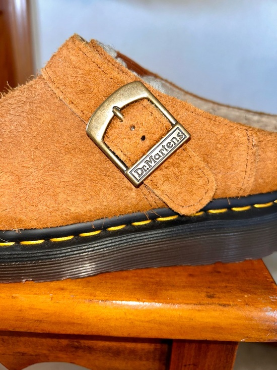 Dr. Martens Shoes - Dr. Martens Tan Suede Clog Mule with Yellow Welt Stitching